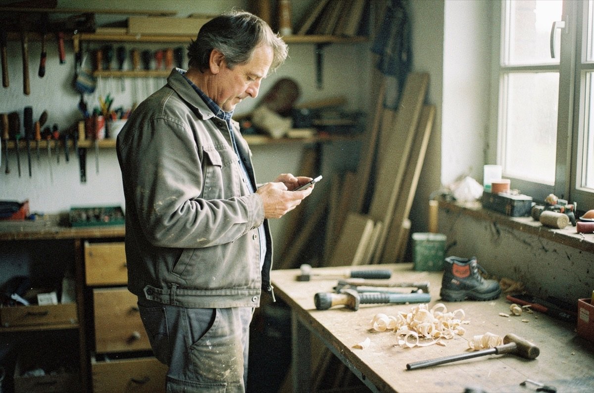Inhaber eines Handwerksbetriebs am Handy
